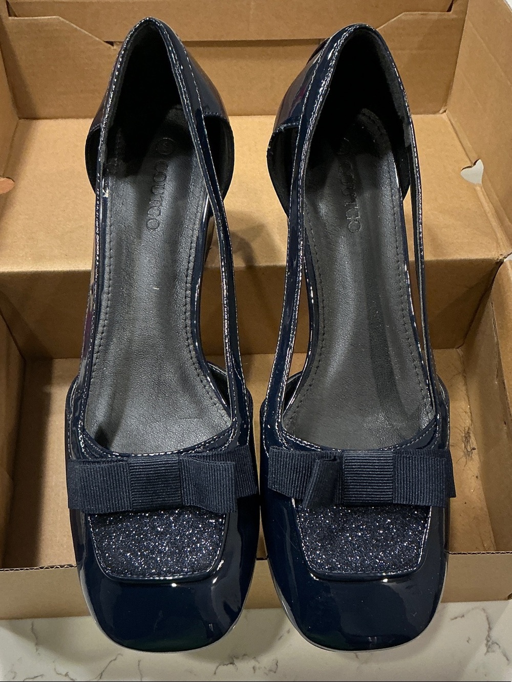 Patent Navy Bow Accent Flats with Glitter Toe